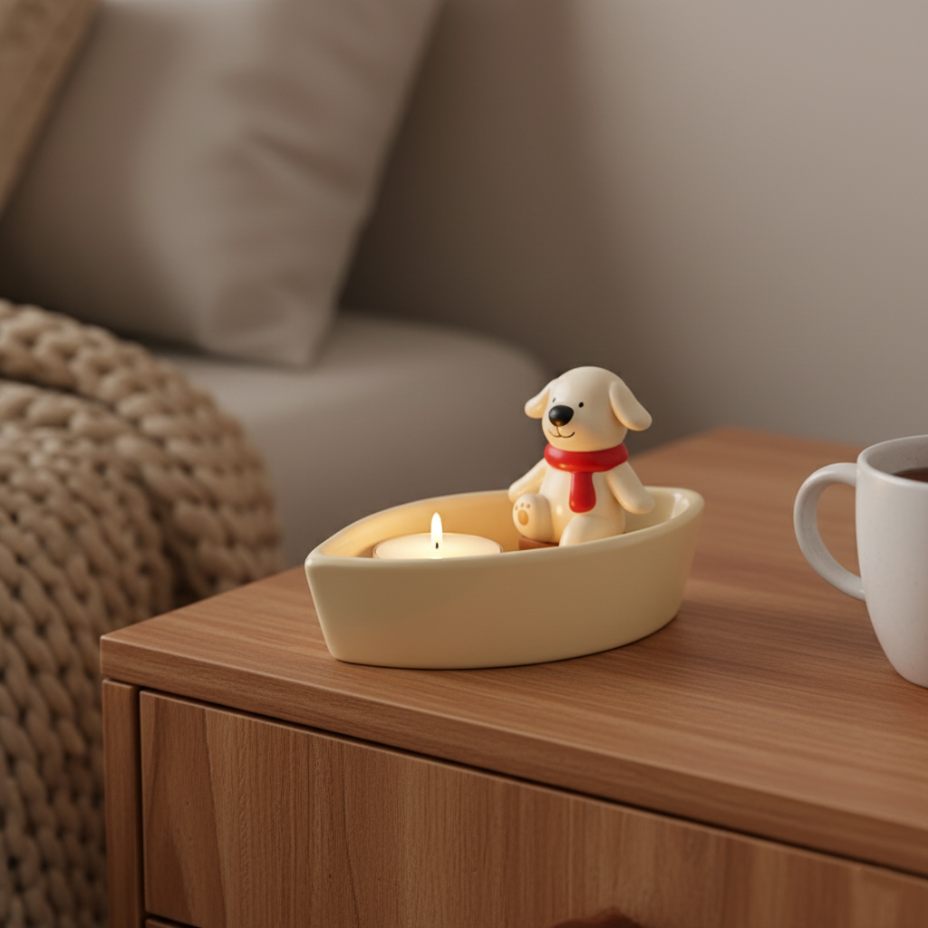 Cozy Companion Dog & Boat Ceramic Tealight Holder
