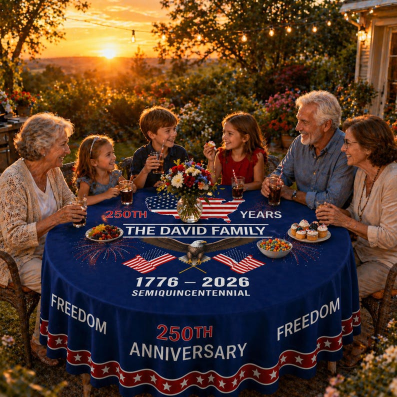 🇺🇸 Personalized 250th Anniversary Patriotic Round Tablecloth