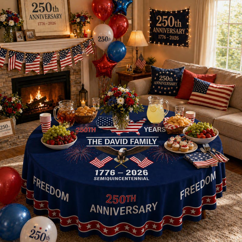 🇺🇸 Personalized 250th Anniversary Patriotic Round Tablecloth