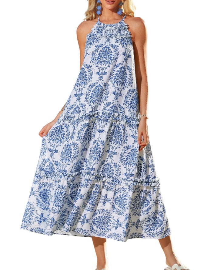 🔥Last Day Promotion-60% OFF💥Women's Boho Casual Summer Floral Halter Tiered Beach Dress