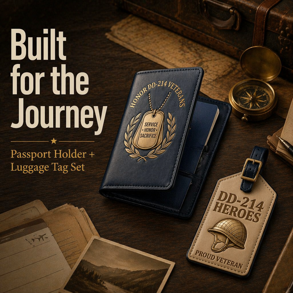 DD-214 Veterans Leather Passport Cover & Luggage Tag Set