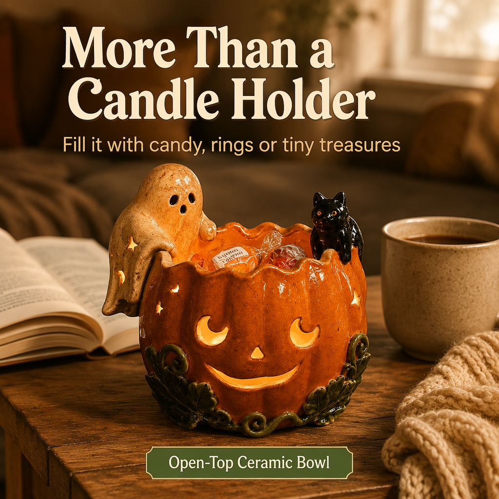 Handmade Ceramic Pumpkin Bowl, Ghost Cat Jack O Lantern Candle Holder, Halloween Tealight Centerpiece, Fall Shelf Decor