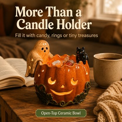 Handmade Ceramic Pumpkin Bowl, Ghost Cat Jack O Lantern Candle Holder, Halloween Tealight Centerpiece, Fall Shelf Decor