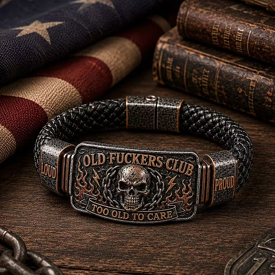 Old Fuckers Club Men’s Vintage Skull Flame Biker Braided Bracelet