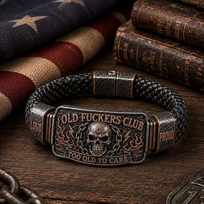 Old Fuckers Club Men’s Vintage Skull Flame Biker Braided Bracelet
