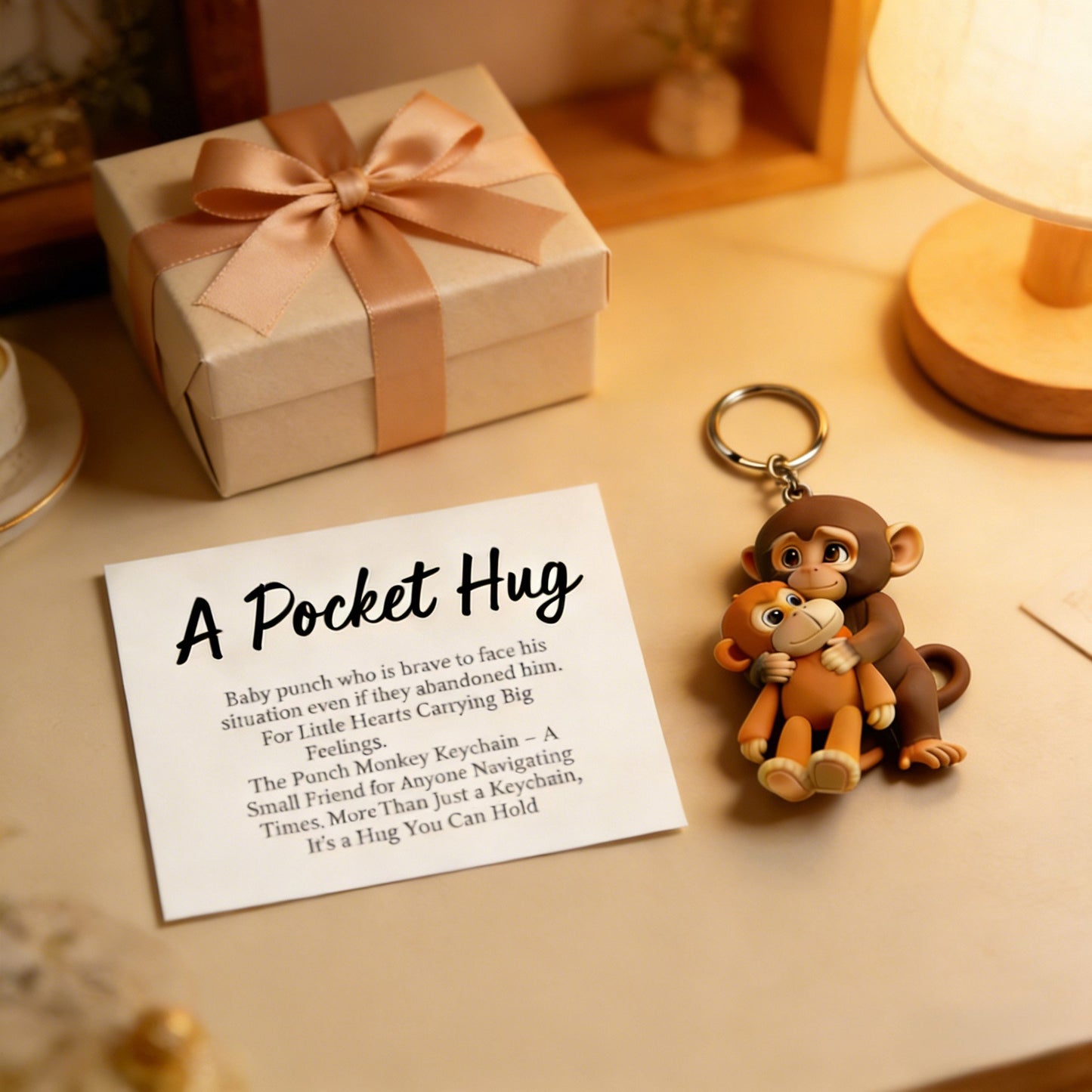🐵💕Viral Punch Monkey Pocket Hug Keychain with Gift Card💌- Emotional Gift for Animal Lovers, Family, Friends, Loved Ones🎁