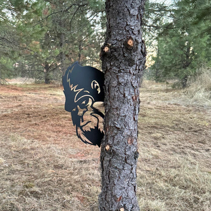 Peek-a-Boo Flipping Off Bigfoot Metal Sign