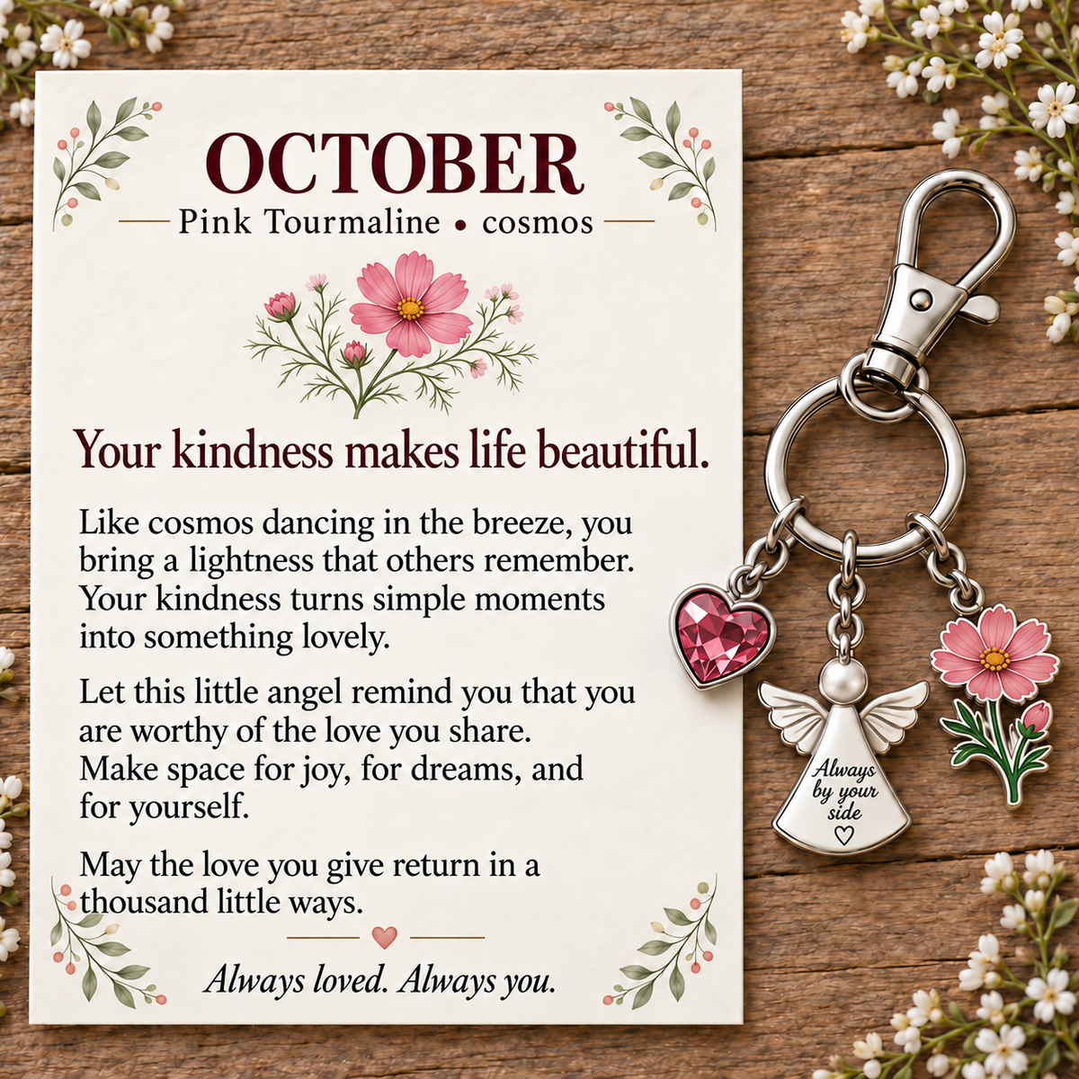 ⏳ Last Day 50% OFF —👼 Always By Your Side: Birth Month Angel & Flower Keychain + Keepsake Card 🌸