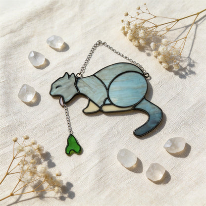 🐱🌈 Puking Cat Stained Glass Suncatcher – Handmade Window Decor Art