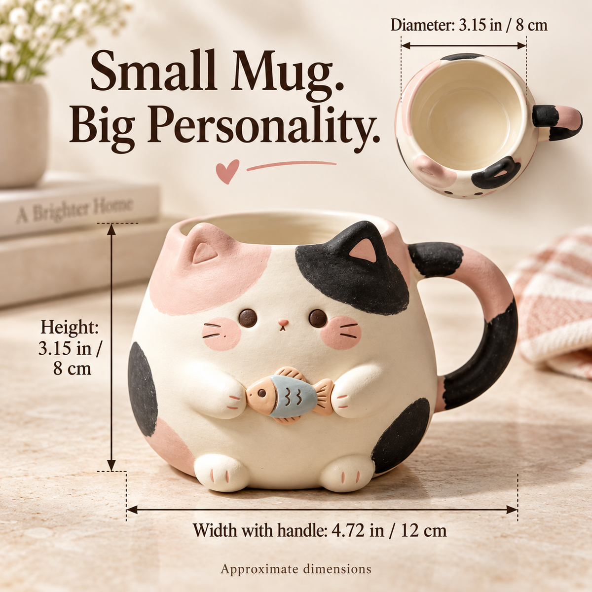 Chubby Calico Cat Mug with Fish 🐱🐟