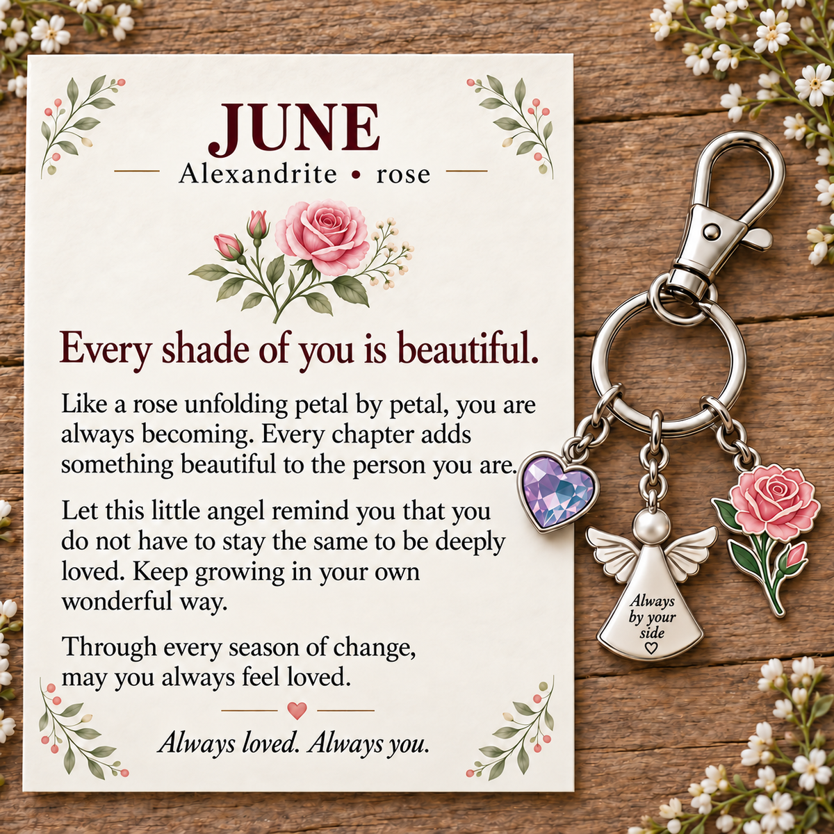 ⏳ Last Day 50% OFF —👼 Always By Your Side: Birth Month Angel & Flower Keychain + Keepsake Card 🌸