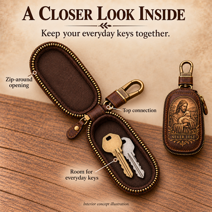 🕊️ "Faith Journey" Vintage Leather Key Case & Devotional Card Set | Christian Gift ✝️