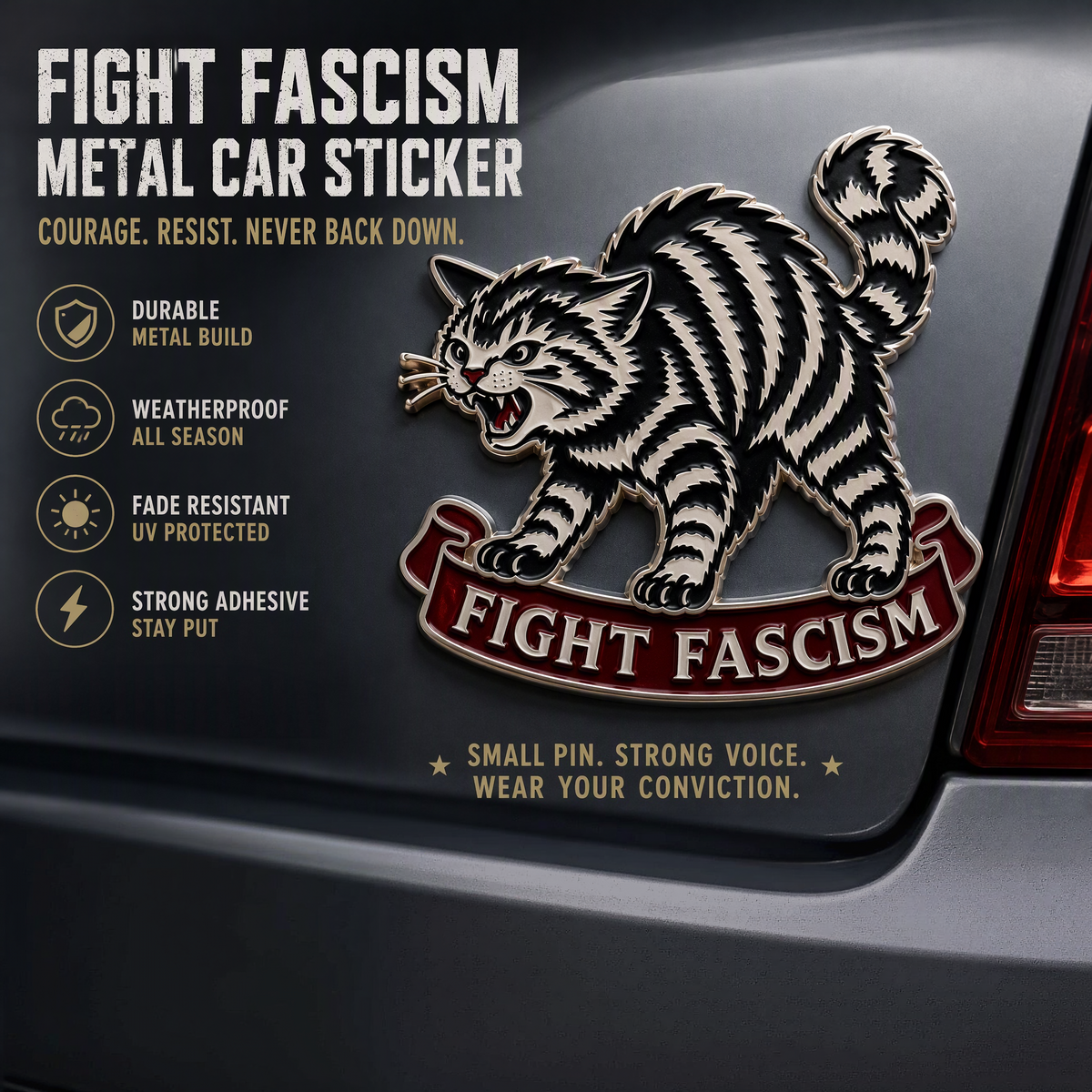 Fight Fascism Cat Car Emblem – Premium Enamel Badge for Car, Truck &Jeep