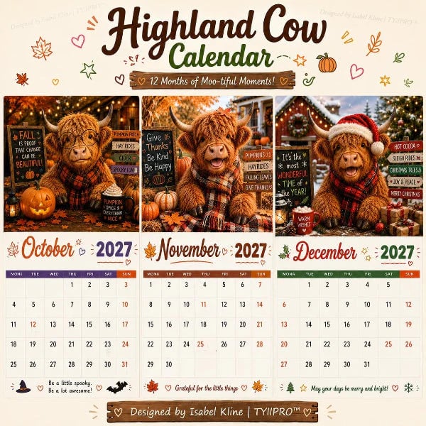 🔥LAST DAY 50% OFF - 🐮2027 Funny Highland Cow Wall Calendar | A4 Hanging Calendar | Designed by Isabel Kline