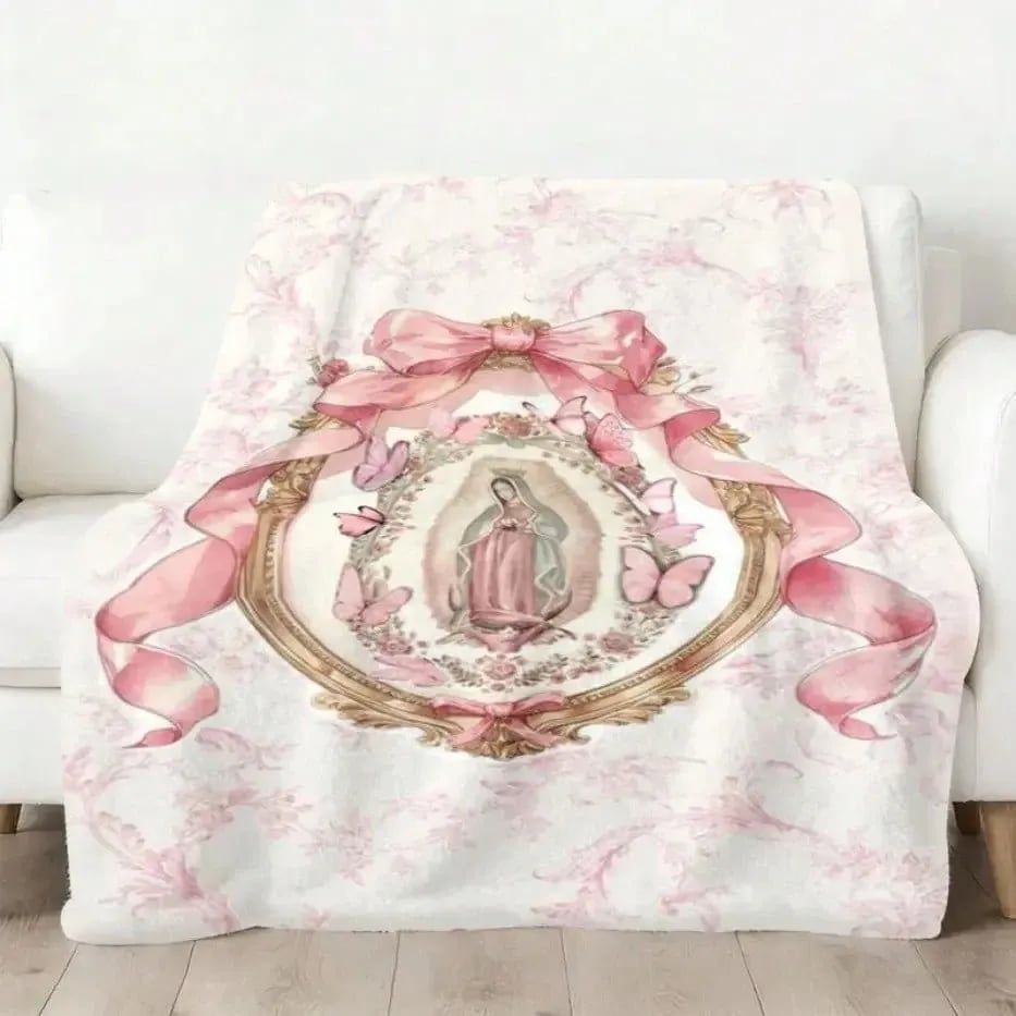 🕊️Virgin Mary Guadalupe Blanket ✨ Soft Flannel Throw Blanket with Pink Bow Design For Home & Gift