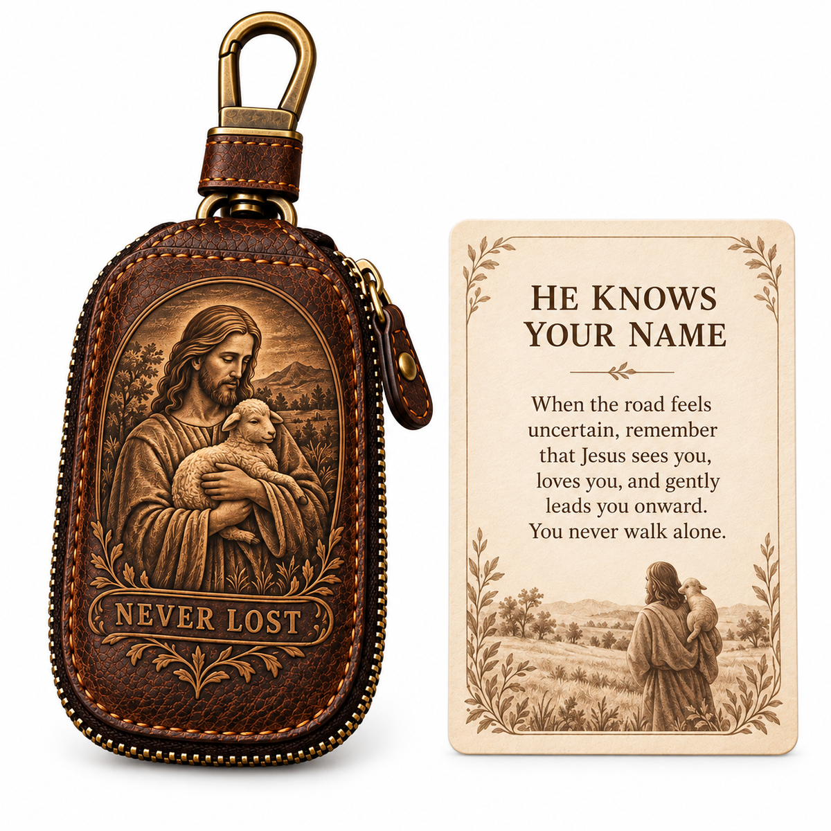 🕊️ "Faith Journey" Vintage Leather Key Case & Devotional Card Set | Christian Gift ✝️