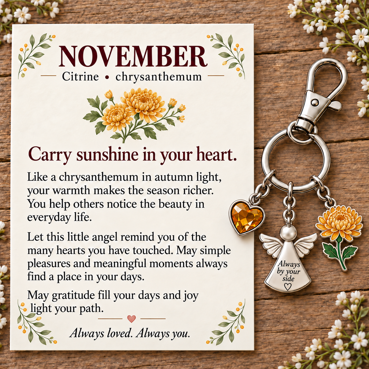 ⏳ Last Day 50% OFF —👼 Always By Your Side: Birth Month Angel & Flower Keychain + Keepsake Card 🌸