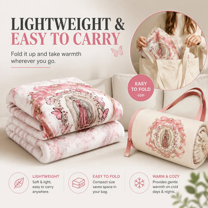 🕊️Virgin Mary Guadalupe Blanket ✨ Soft Flannel Throw Blanket with Pink Bow Design For Home & Gift
