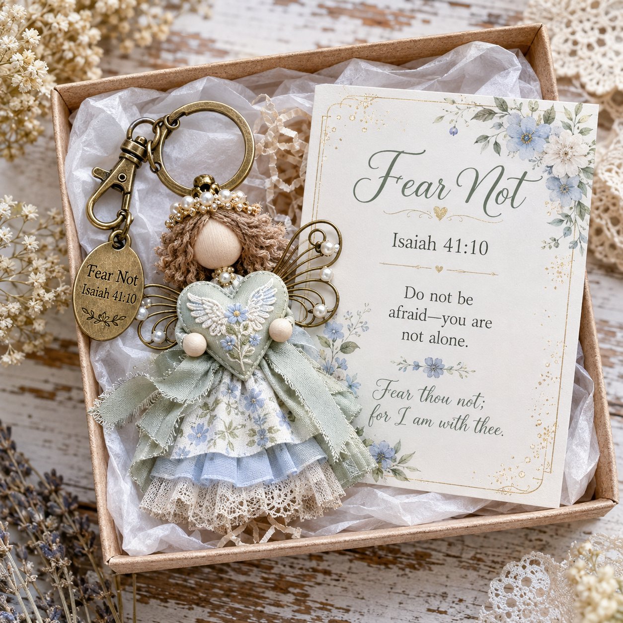 🔥Last Day 50% OFF -Faith Guardian Keychain Scripture Gift Set Collection | Layered Fabric Charm, Inspirational Scripture Card & Ready-to-Gift Box Included 💕