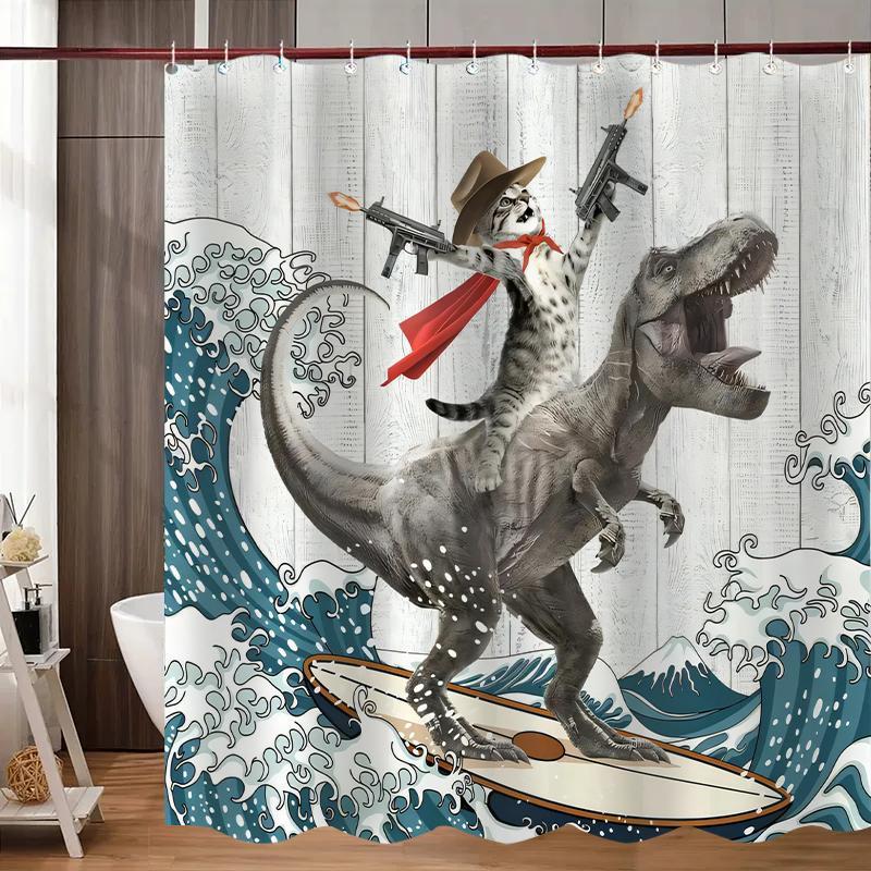 Dinosaur and Cat Pattern Removable Shower Curtain |  Waterproof Bathroom Curtain with 12 Hooks