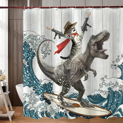 Dinosaur and Cat Pattern Removable Shower Curtain |  Waterproof Bathroom Curtain with 12 Hooks