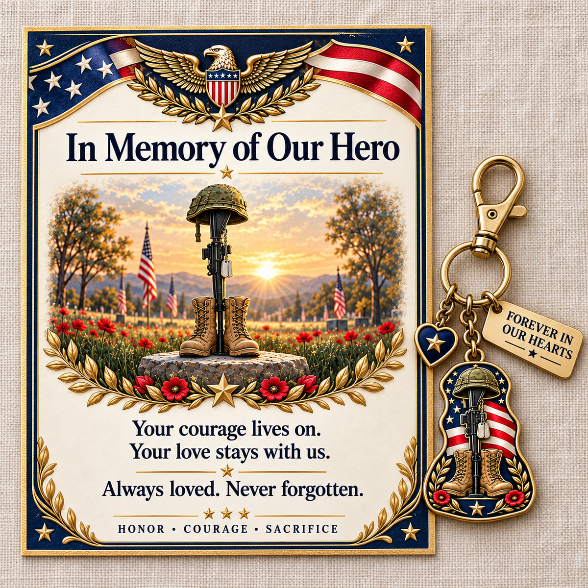 🇺🇸 "In Memory of Our Hero" Memorial Keychain &amp; Keepsake Card Set | Military Remembrance Gift