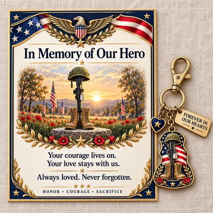 🇺🇸 "In Memory of Our Hero" Memorial Keychain &amp; Keepsake Card Set | Military Remembrance Gift