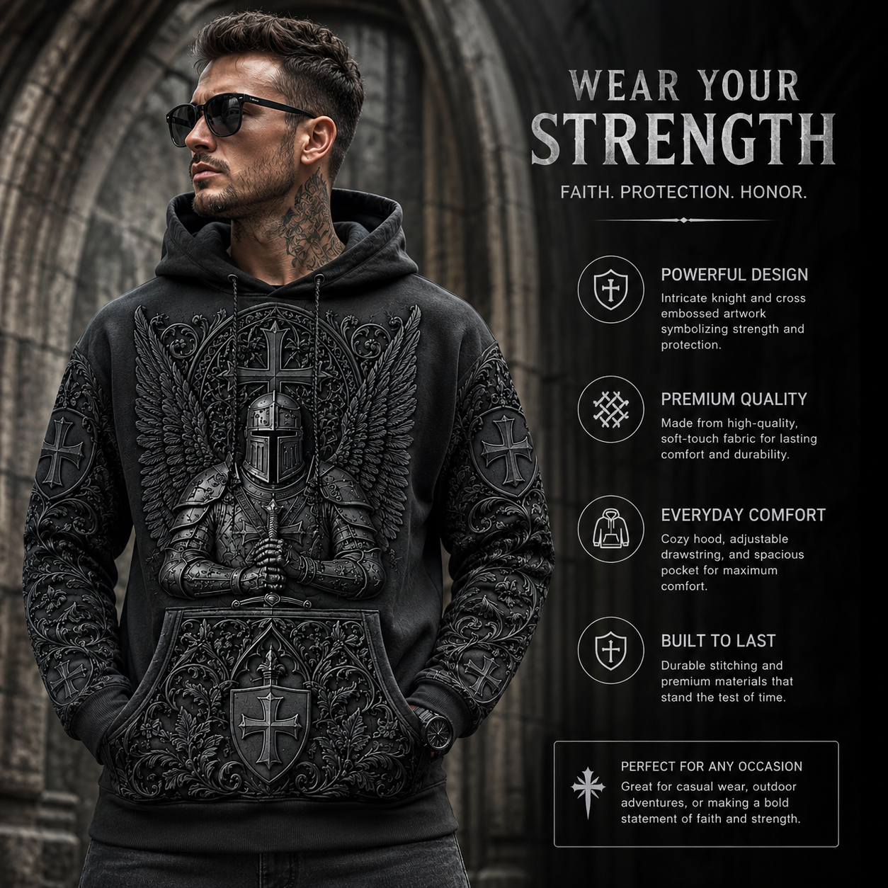 Men's Vintage Knights Templar Faith Print Casual Hoodie