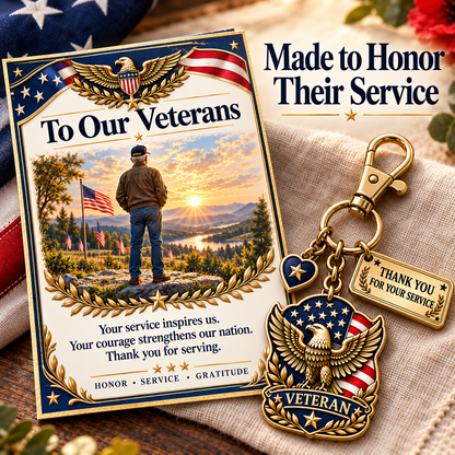 "Thank You For Your Service" Patriotic Veteran Keychain with Appreciation Card