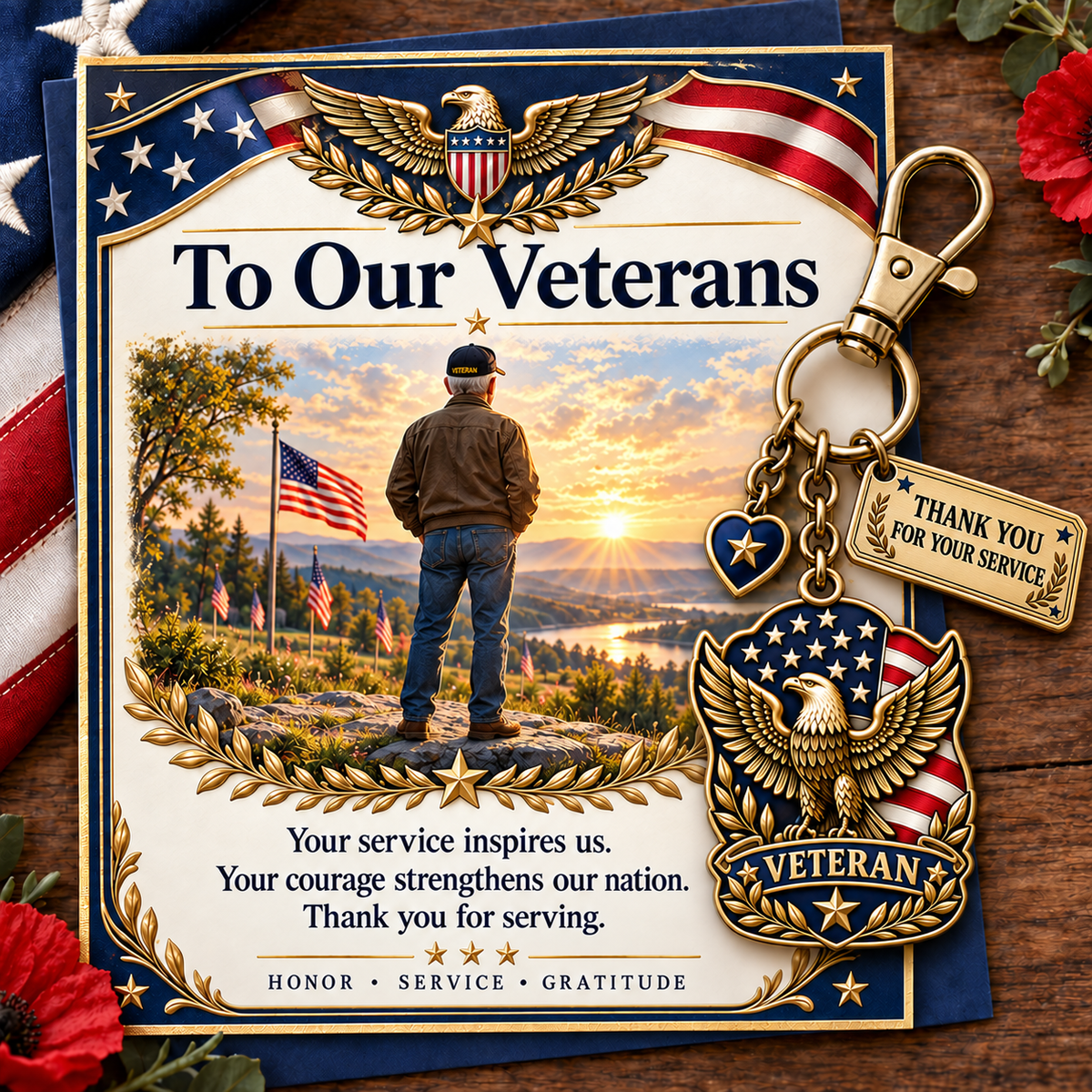 "Thank You For Your Service" Patriotic Veteran Keychain with Appreciation Card