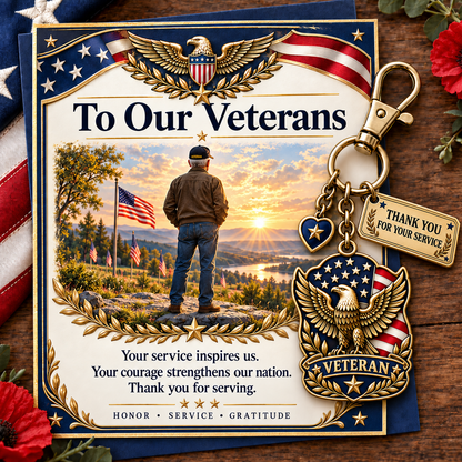 "Thank You For Your Service" Patriotic Veteran Keychain with Appreciation Card