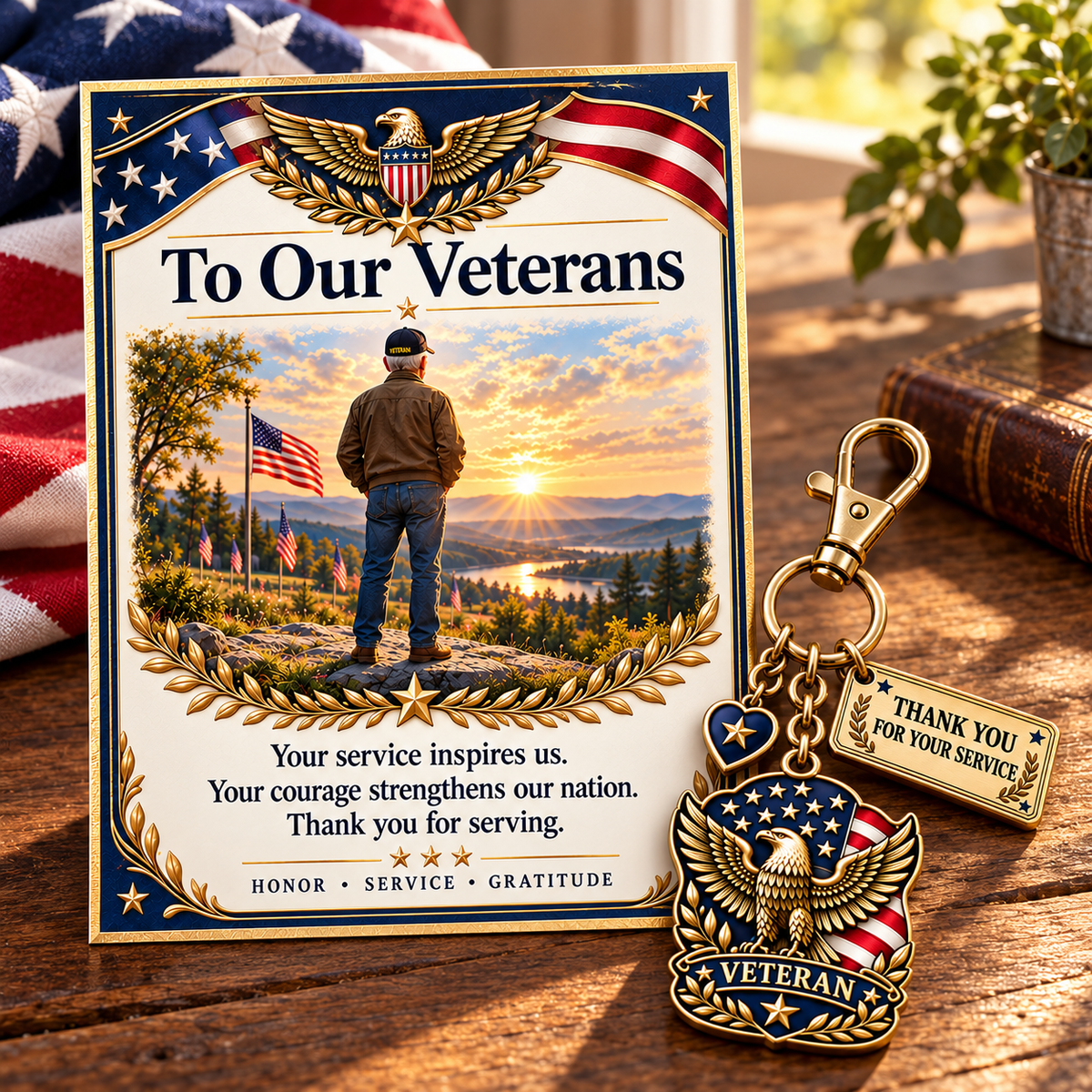 "Thank You For Your Service" Patriotic Veteran Keychain with Appreciation Card