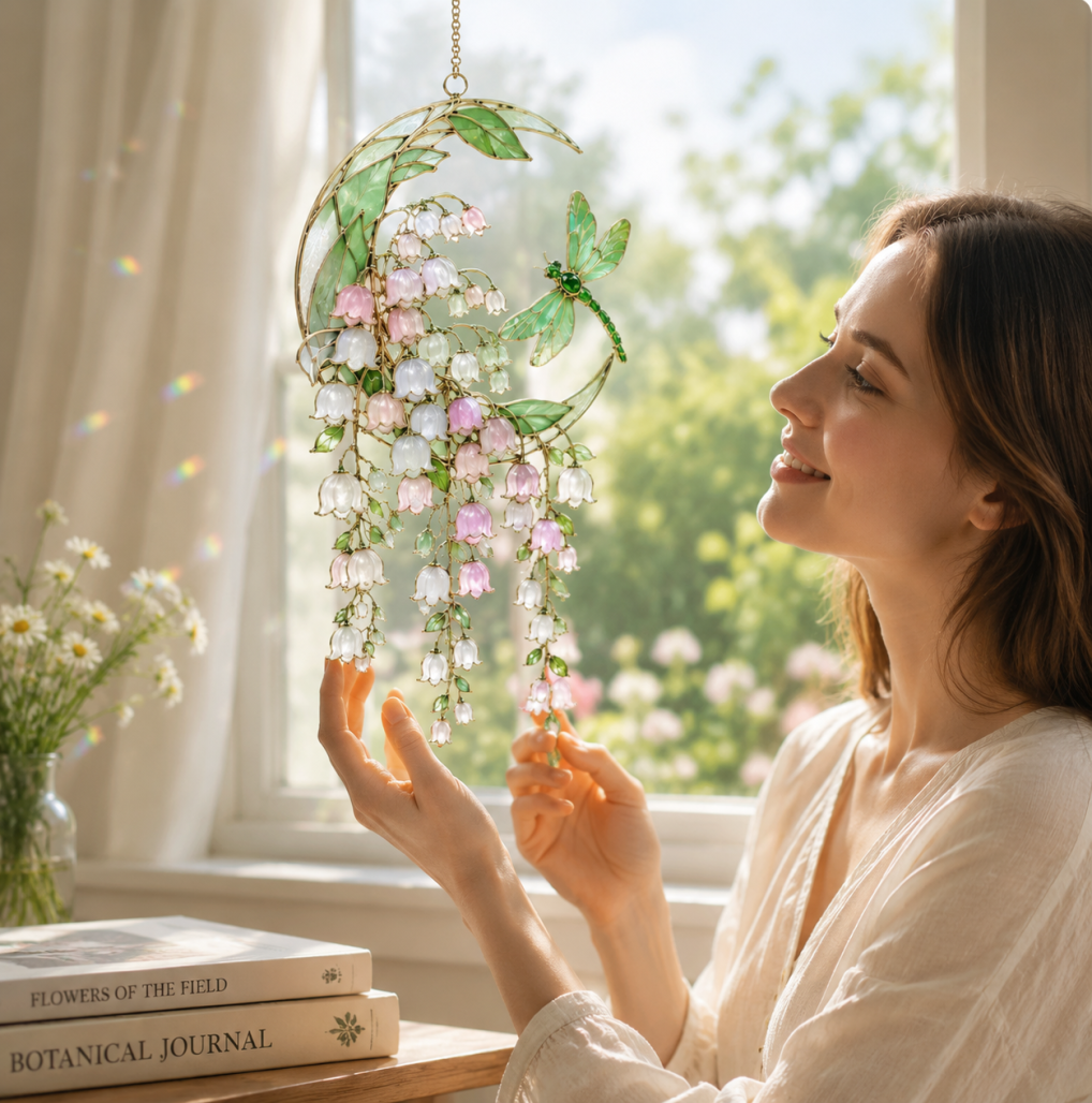 Dragonfly Among Lily of the Valley 3D Glass Suncatcher | Product Detail Page