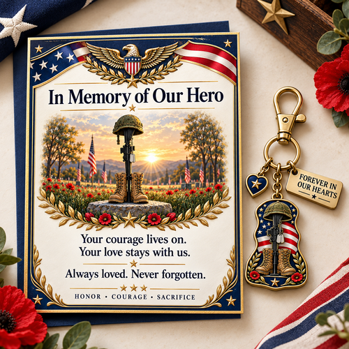 🇺🇸 "In Memory of Our Hero" Memorial Keychain &amp; Keepsake Card Set | Military Remembrance Gift