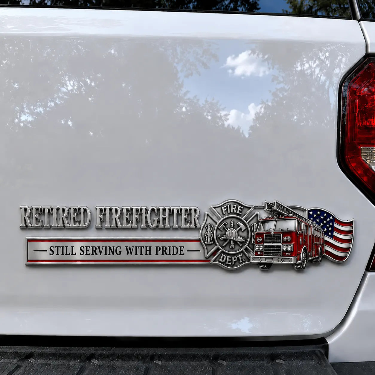 Premium "Retired Firefighter" 3D Metal Car Emblem | "Still Serving With Pride" Vehicle Badge with Flag & Fire Engine
