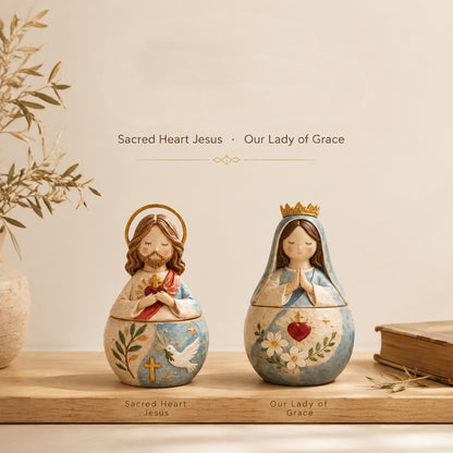 🌟 Divine Grace Collection: Hand-Painted Sacred Heart Jesus & Blessed Mary Keepsake Box