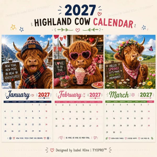 🔥LAST DAY 50% OFF - 🐮2027 Funny Highland Cow Wall Calendar | A4 Hanging Calendar | Designed by Isabel Kline