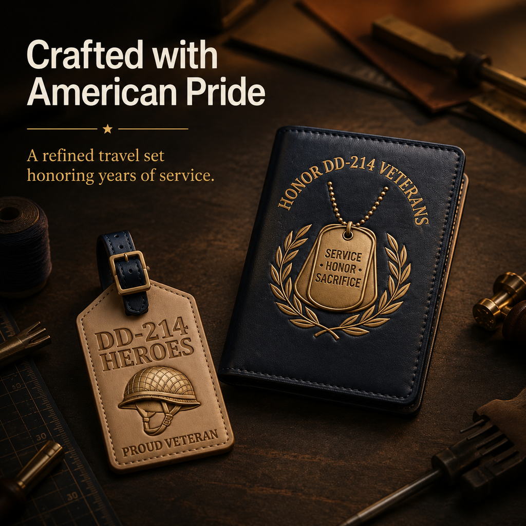 DD-214 Veterans Leather Passport Cover & Luggage Tag Set