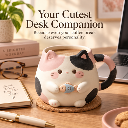 Chubby Calico Cat Mug with Fish 🐱🐟