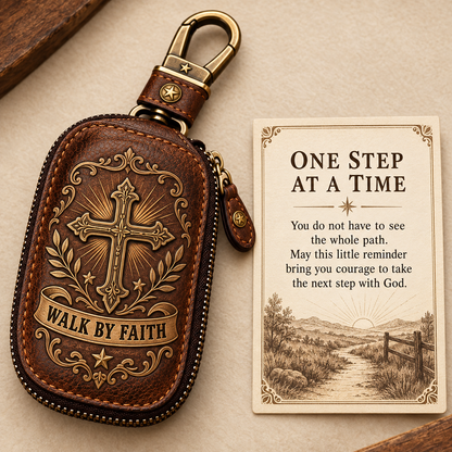 🕊️ "Faith Journey" Vintage Leather Key Case & Devotional Card Set | Christian Gift ✝️