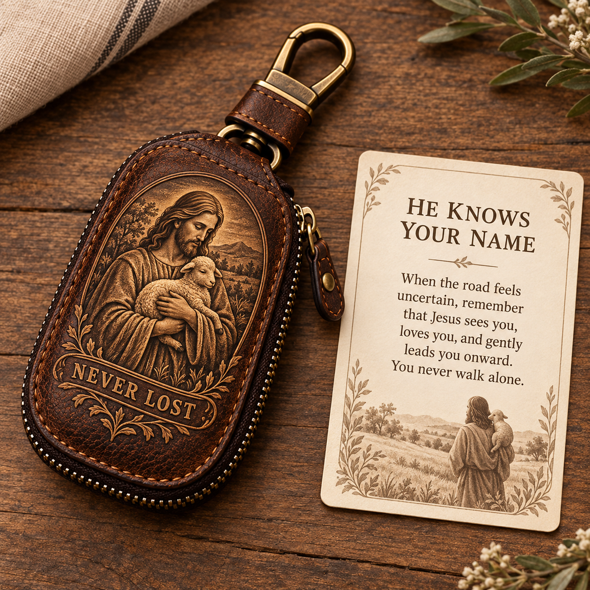 🕊️ "Faith Journey" Vintage Leather Key Case & Devotional Card Set | Christian Gift ✝️