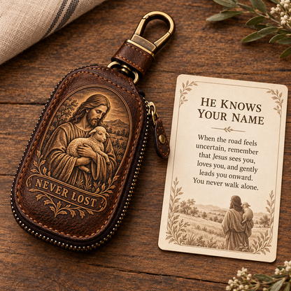 🕊️ "Faith Journey" Vintage Leather Key Case & Devotional Card Set | Christian Gift ✝️