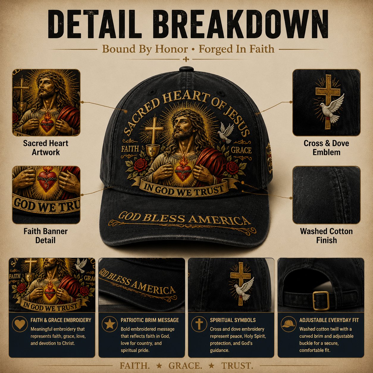 ✝️Sacred Heart Of Jesus Faith Cap🎁 Free Double-Sided Honor Coin With Every Cap Purchase