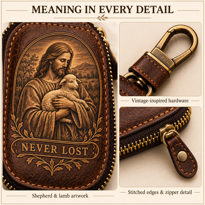 🕊️ "Faith Journey" Vintage Leather Key Case & Devotional Card Set | Christian Gift ✝️