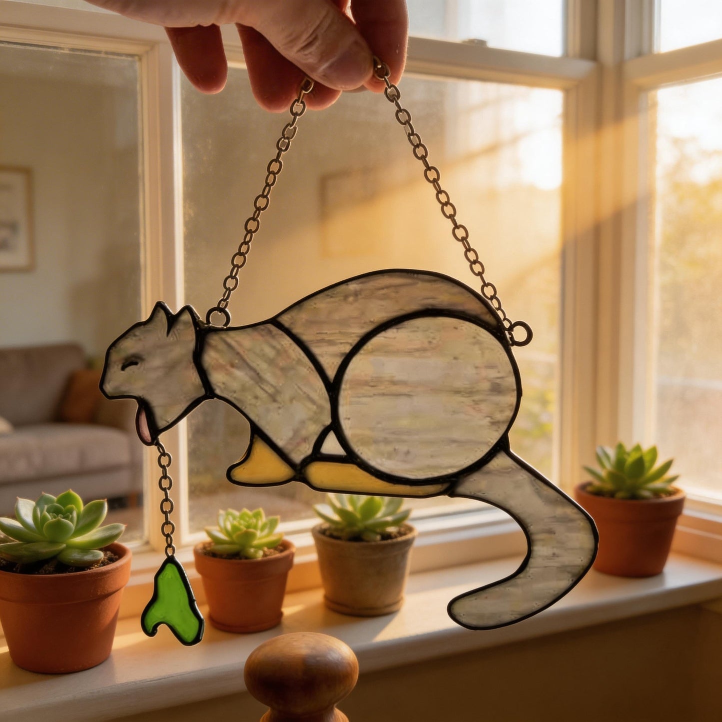 🐱🌈 Puking Cat Stained Glass Suncatcher – Handmade Window Decor Art
