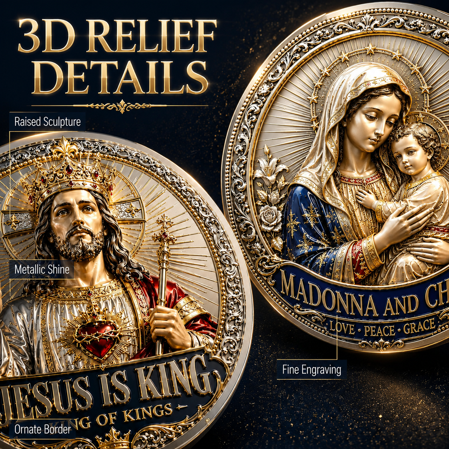 Sacred Heritage Commemorative Metal Coin Collection | 3D High-Relief Christian Faith Medals (Jesus Is King &amp; Madonna and Child)