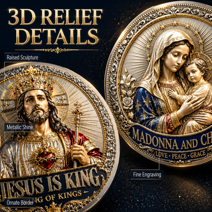 Sacred Heritage Commemorative Metal Coin Collection | 3D High-Relief Christian Faith Medals (Jesus Is King &amp; Madonna and Child)