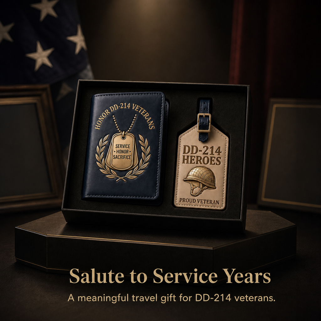 DD-214 Veterans Leather Passport Cover & Luggage Tag Set