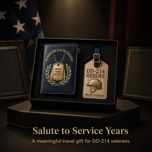 DD-214 Veterans Leather Passport Cover & Luggage Tag Set