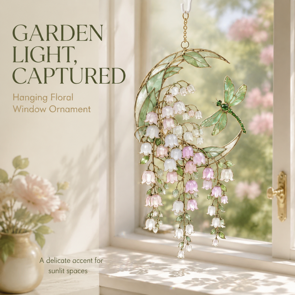 Dragonfly Among Lily of the Valley 3D Glass Suncatcher | Product Detail Page
